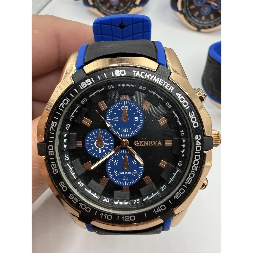 Lot of 7 Geneva Men's Sport Watches Blue Black Silicone Strap Rose‎ Gold Tone